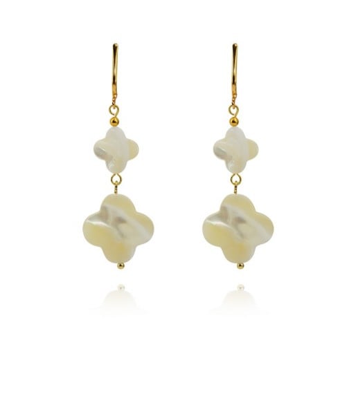 Boucles D'oreilles Trèfle Acier Doré Et Nacre - Cadeau Femme - Puces Tige Poussette