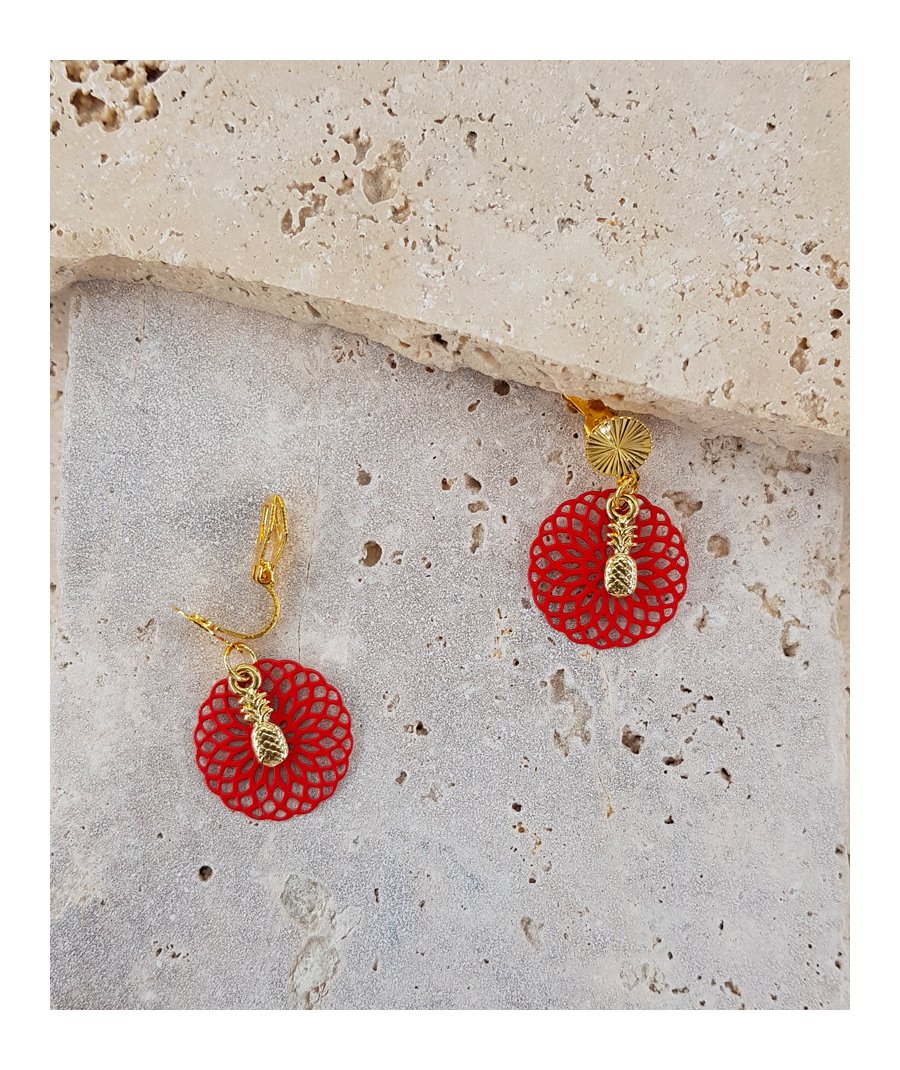 Boucles oreilles clips filigranes rouge ananas