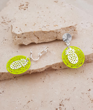 Boucles oreilles clip filigrane jaune fluo et ananas