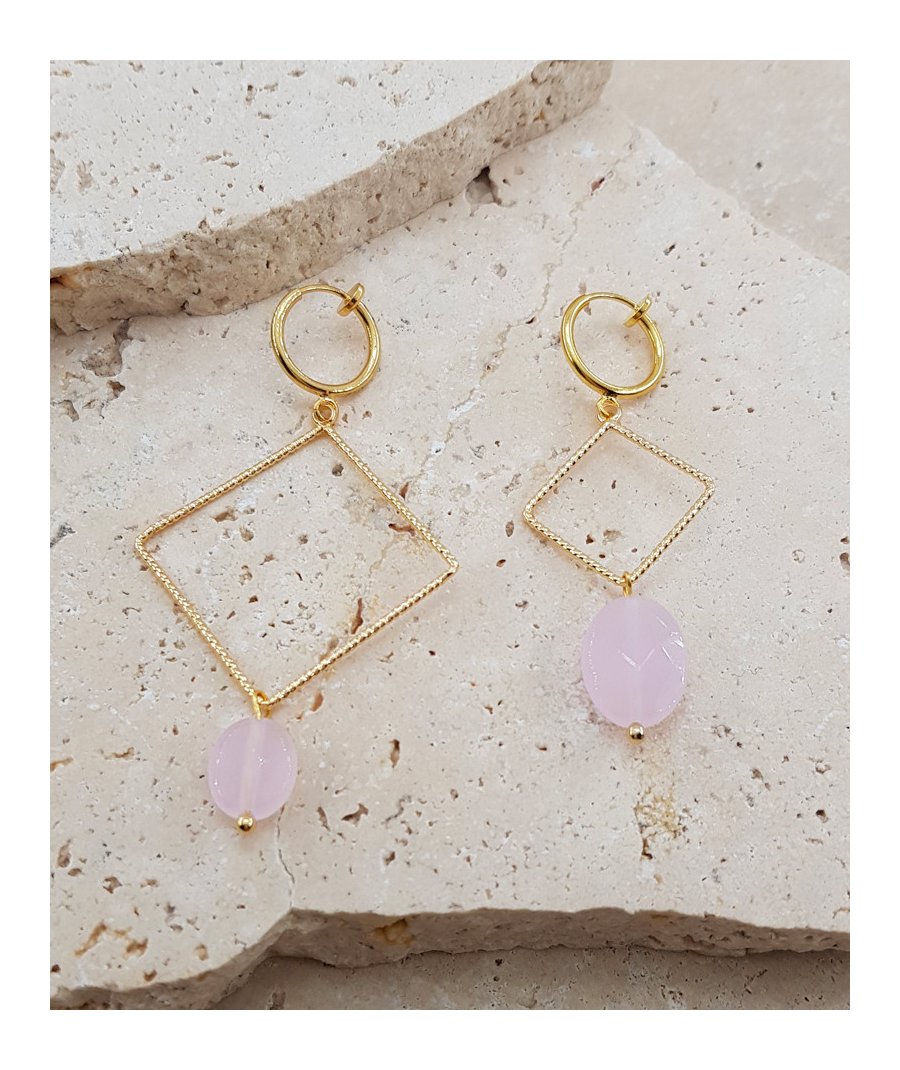 Boucles d'oreilles clip asymétriques jade rose géométriques