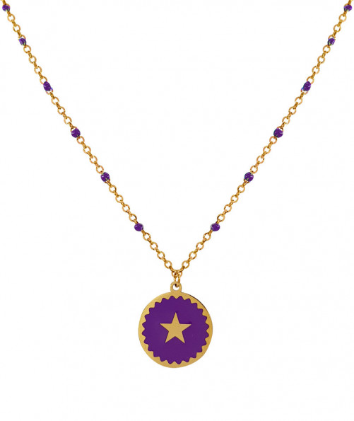 Pendentif acier doré médaille violette étoile