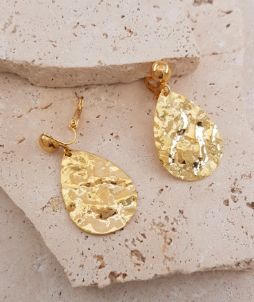 Boucles d'oreilles clips plaqué or gouttes martelées