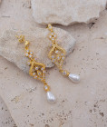 Boucle d'oreille pendantes perles et strass dorées
