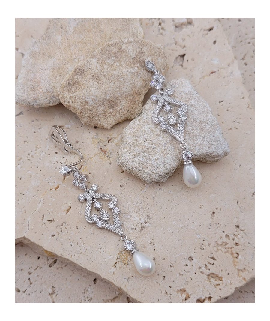 Boucles d'oreilles clip pendantes perles et strass rhodiées