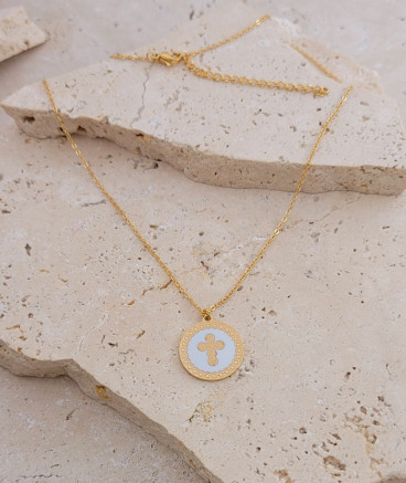 Pendentif médaille blanche croix acier doré