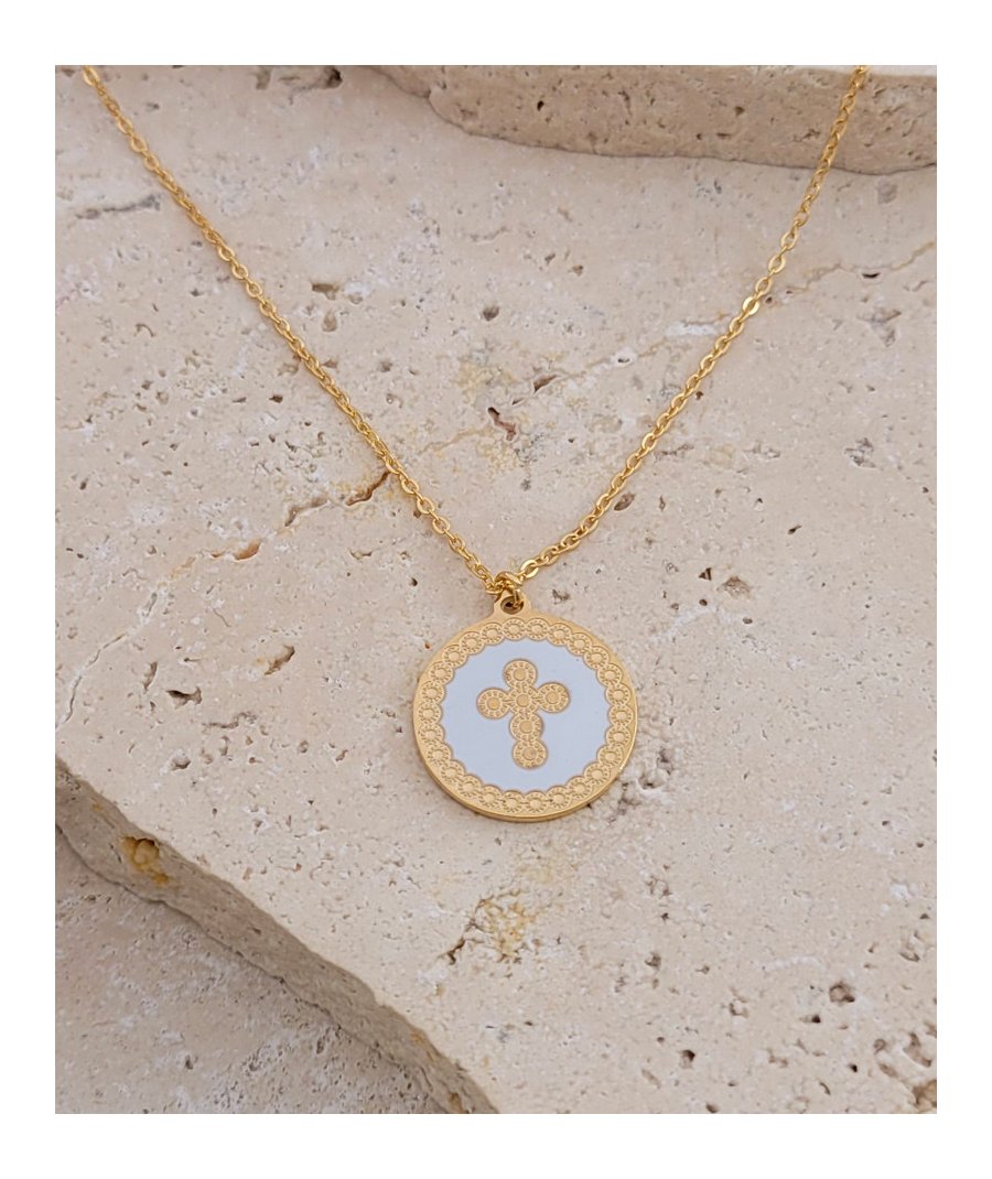 Pendentif médaille blanche croix acier doré