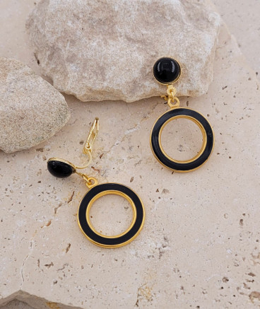 Boucles d'oreilles clips anneau laqué noir (non percées)