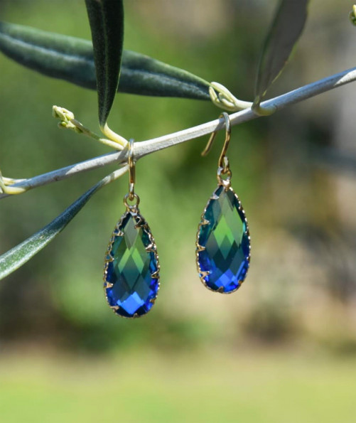 Boucles d'oreilles cristal goutte bleu et vert