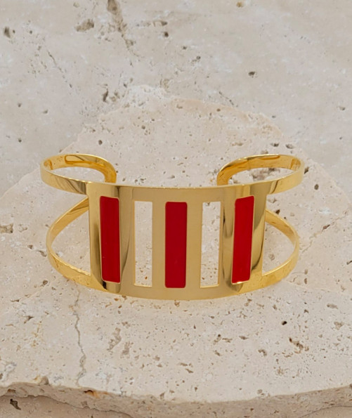 BRACELET MANCHETTE CUIVRE ROUGE VINTAGE 4 PLAQUES CARREES