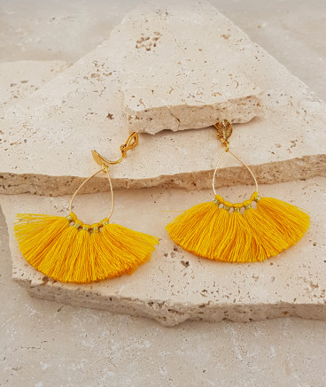 Boucles oreilles clip pompons jaune or