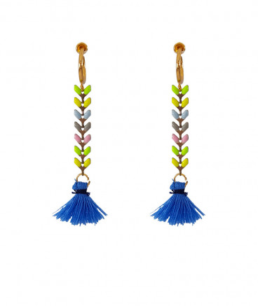 Boucles oreilles clip épis pompon bleu