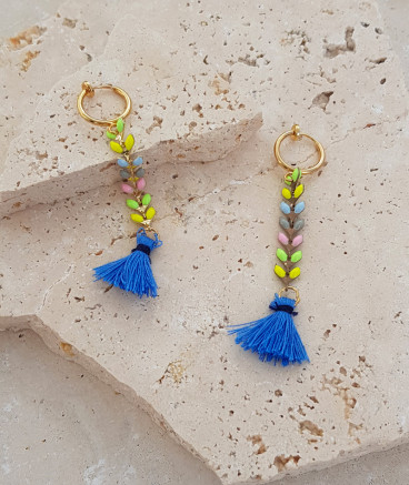 Boucles oreilles clip épis pompon bleu