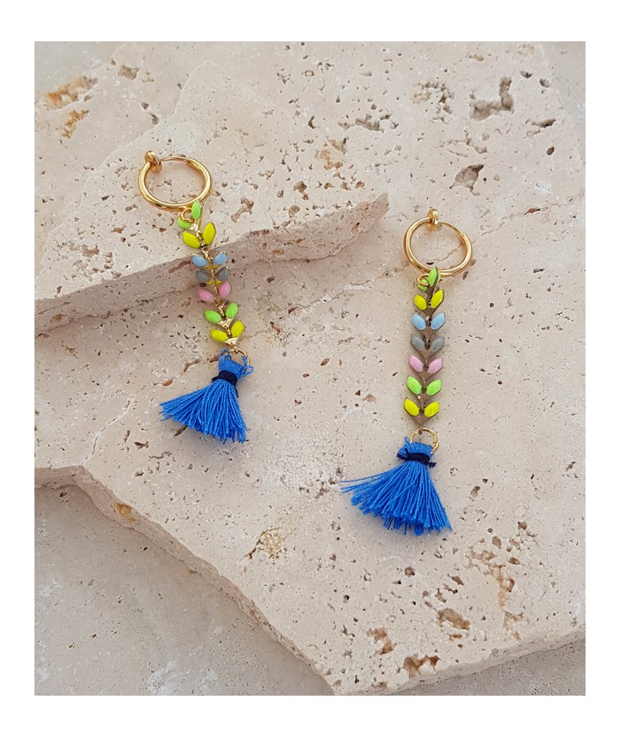 Boucles oreilles clip épis pompon bleu