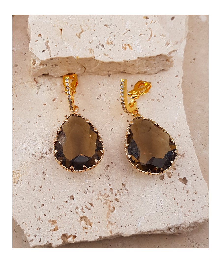 Boucle d'oreille clip goutte cristal marron