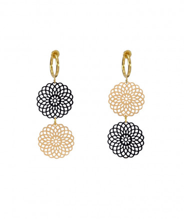 Boucles D'oreilles Clip Doré Longues - Tête De Lion Avec Strass Rond Noir - Neuf Fait Main