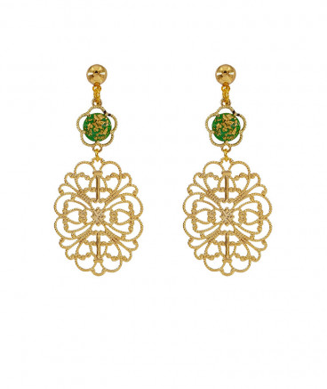 Boucles oreilles or fin filigrane et fleur verte