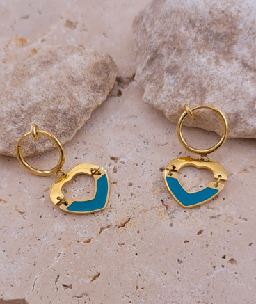 Boucles d'oreilles clip acier coeur turquoise