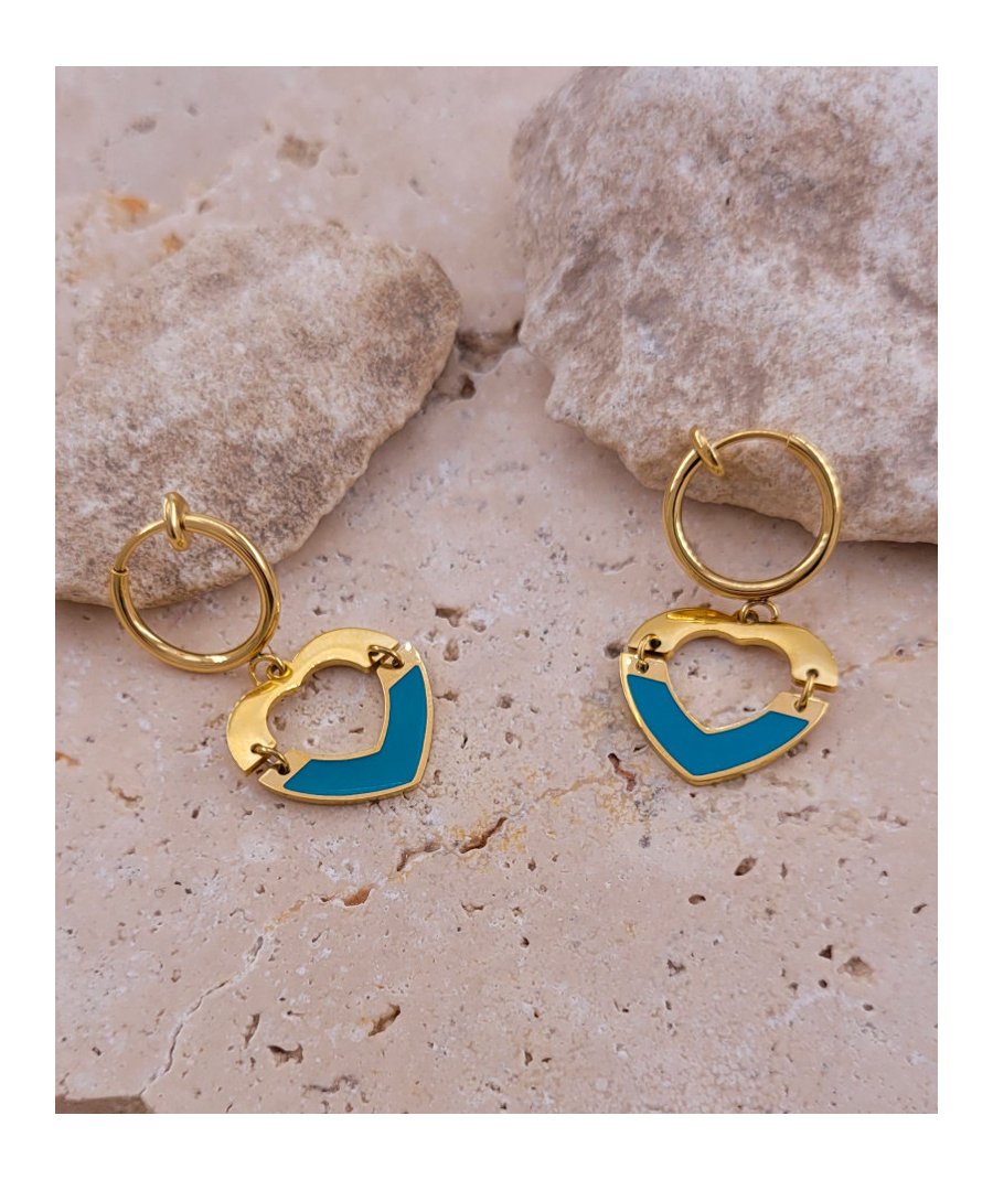 Boucles d'oreilles clip acier coeur turquoise
