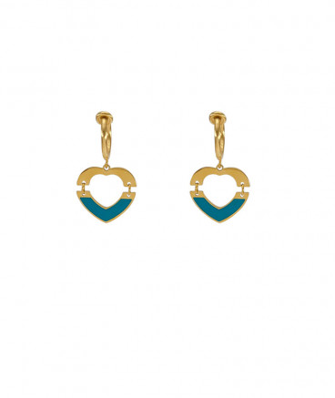 Boucles d'oreilles clip acier coeur turquoise