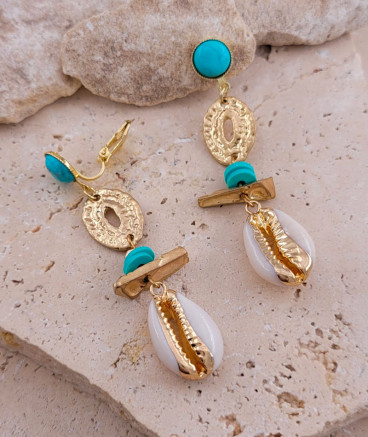 Boucles d'oreilles clips coquillage turquoise