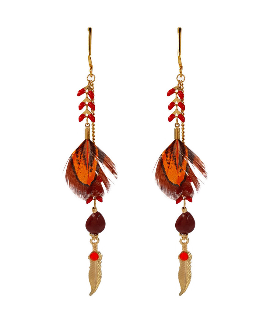 Boucles oreilles clip pendantes plume rouge orangé