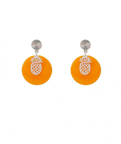 Boucles d'oreilles à clip médaille orange et ananas