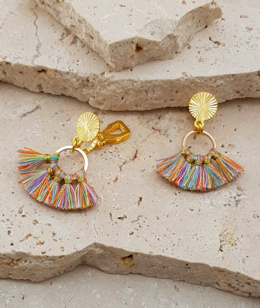 Boucles oreilles clip pompons multicolore