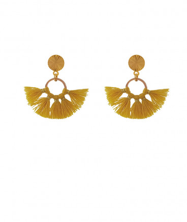 Boucles oreilles clip pompons jaune moutarde