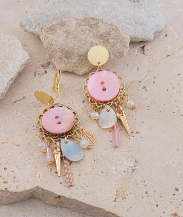 Boucles d'oreilles clip nacre rose et breloques