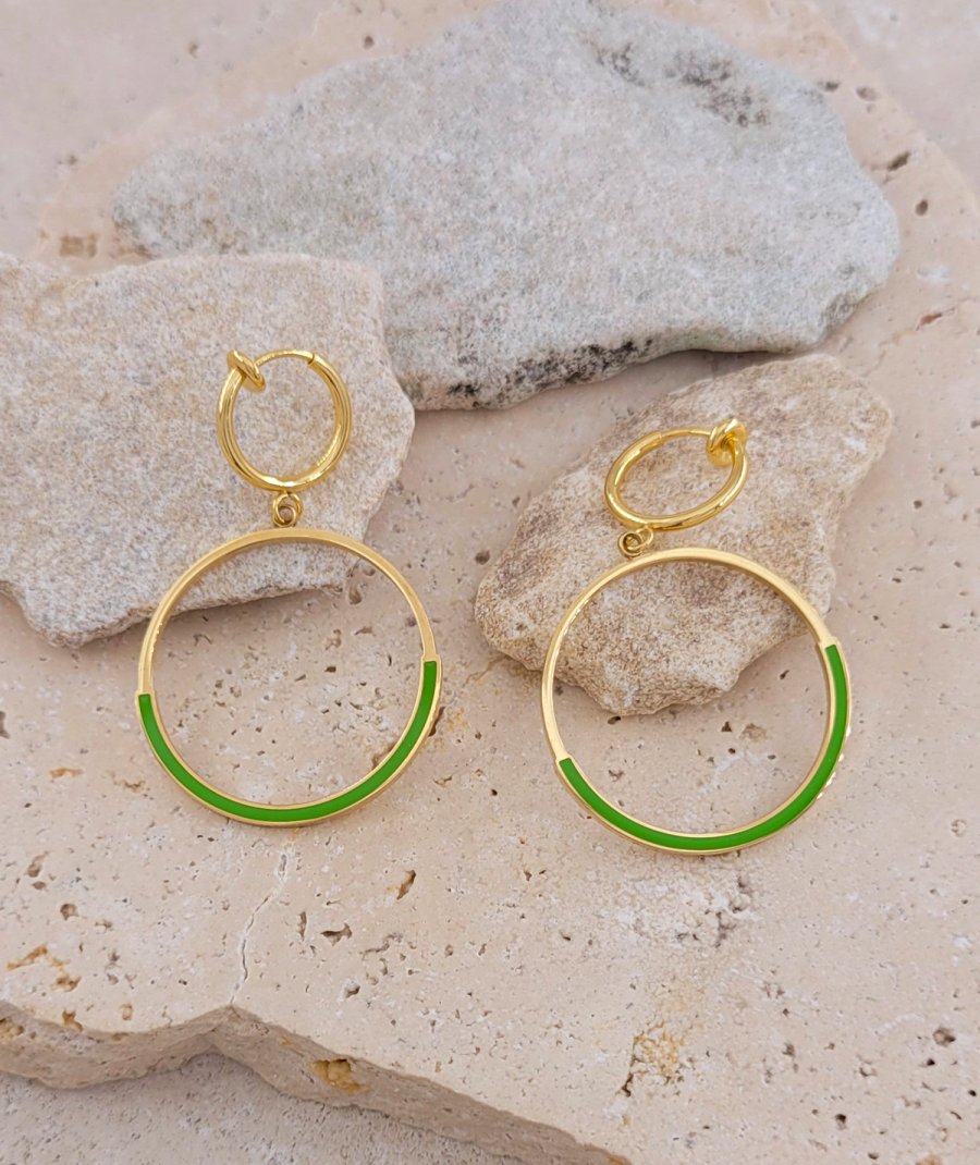 Boucles d'oreilles à clips acier anneaux vert non percées