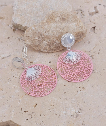 Boucles oreilles clips filigrane rose et ginko