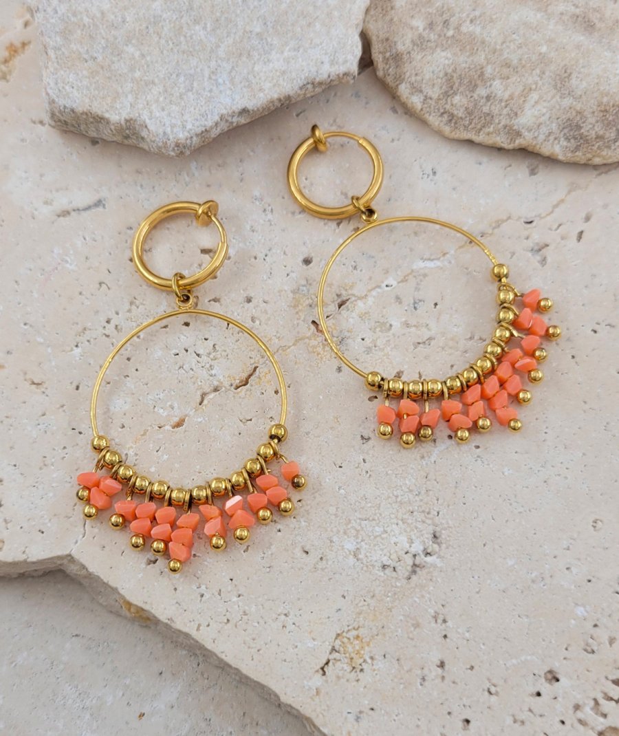 Boucles d'oreilles clip acier cristal corail (non percées)