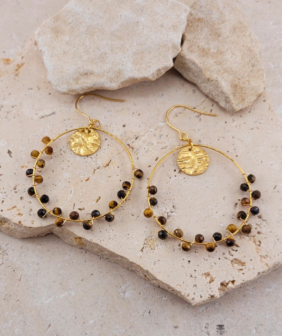 Boucles d'oreille acier pierre oeil de tigre