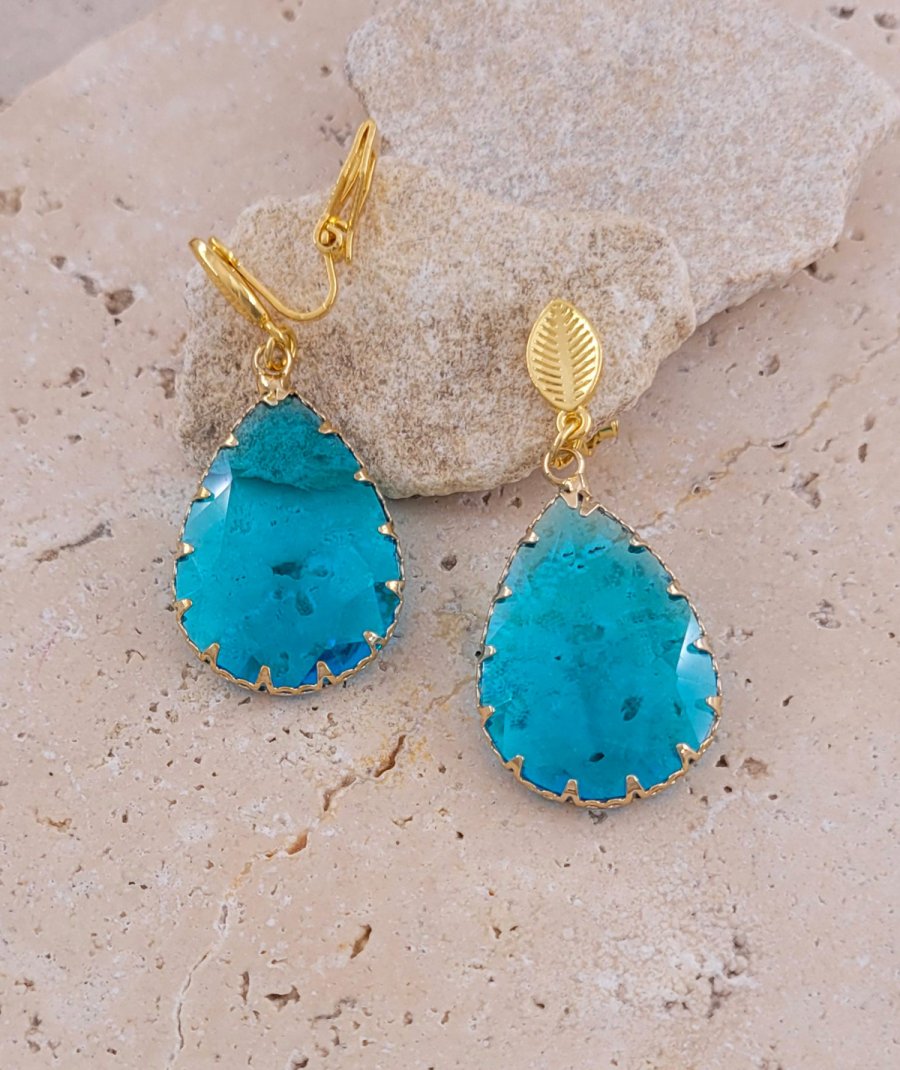 Boucle d'oreille clip goutte cristal turquoise (non percées)