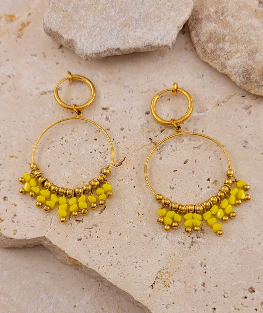 Boucles d'oreilles clip acier cristal jaune