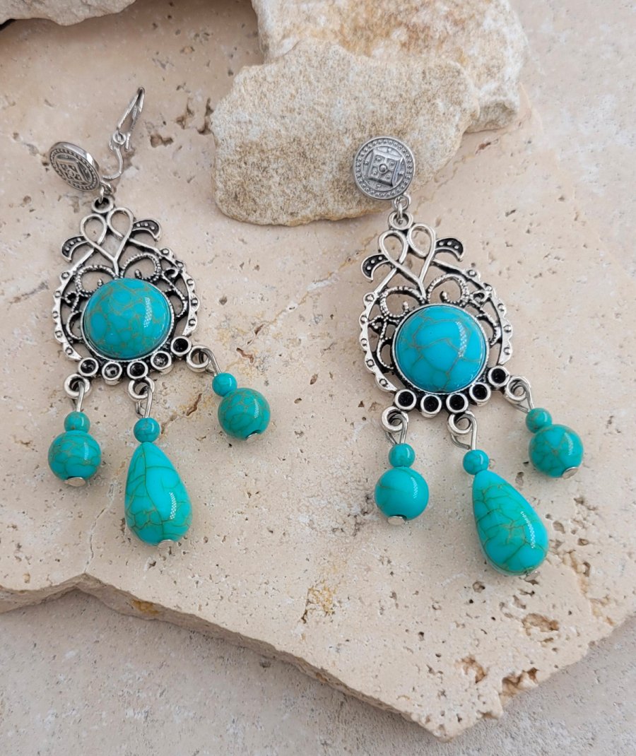 Boucles oreilles à clips pendantes turquoise