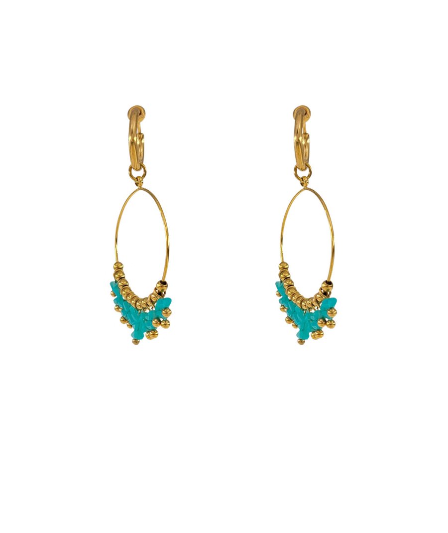 Boucles D'oreilles Clips Métal Doré Avec Perles Turquoise - Réf W455, Occasion Comme Neuves