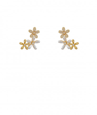Boucles d'oreilles clips fleurs perles et strass dorées