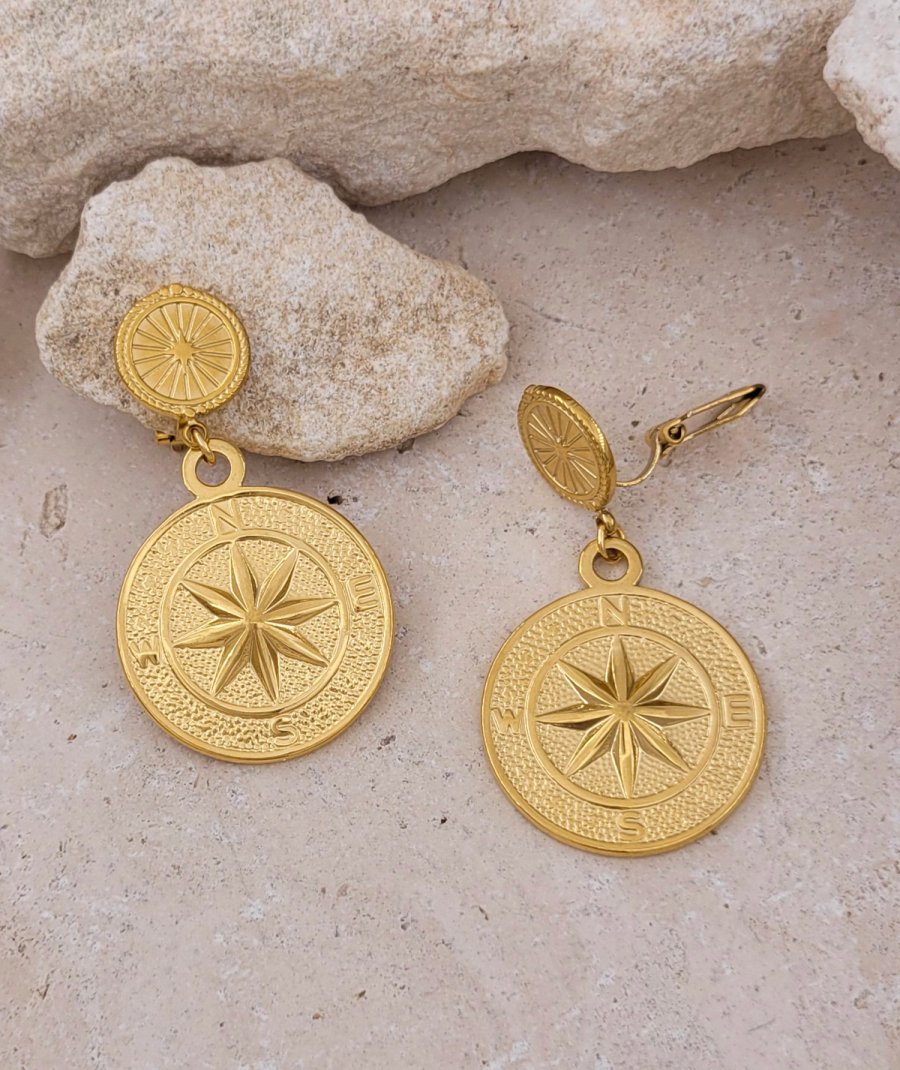 Boucles d'oreilles clip acier rose des vents (non percées)