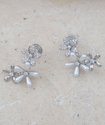 Boucles d'oreilles clips fleurs perles et strass rhodié