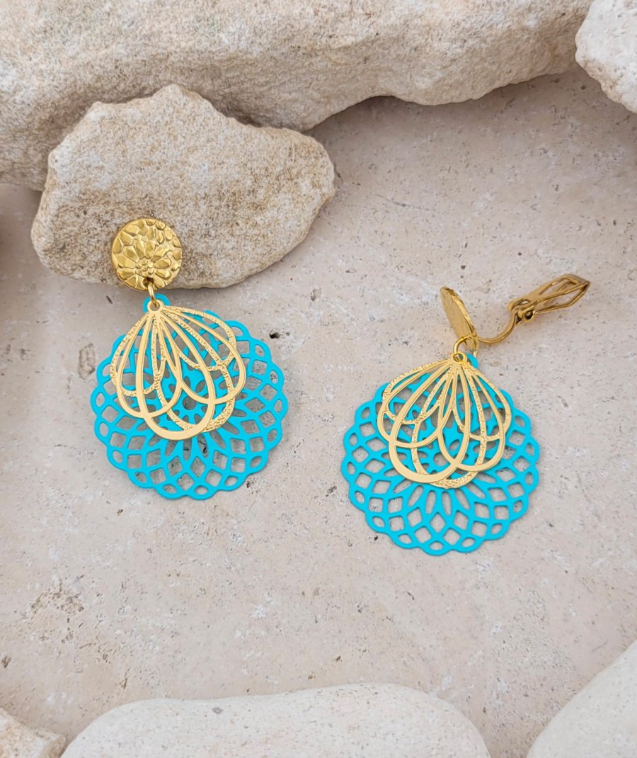 Boucles d'oreilles clip acier montgolfière turquoise (non percées)