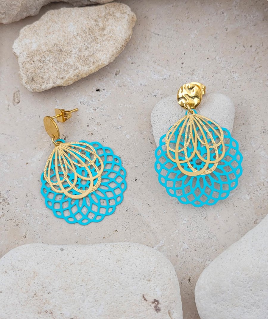 Boucles d'oreilles acier montgolfière turquoise