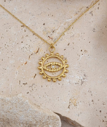 Ras du cou pendentif acier doré oeil solaire