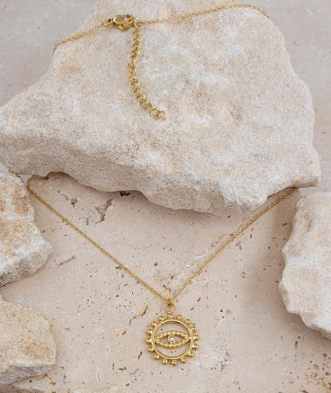 Ras du cou pendentif acier doré oeil solaire