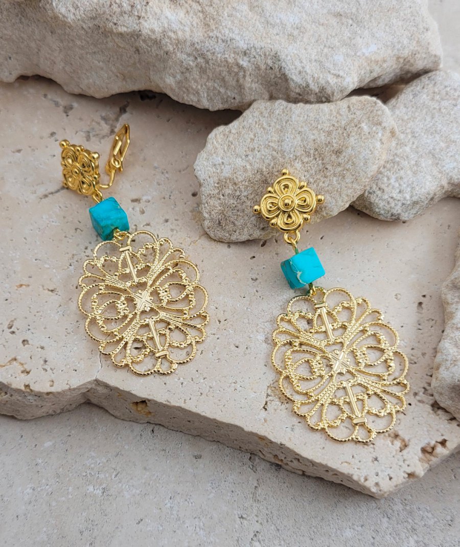 Boucles oreilles clips filigrane et turquoise (non percées)