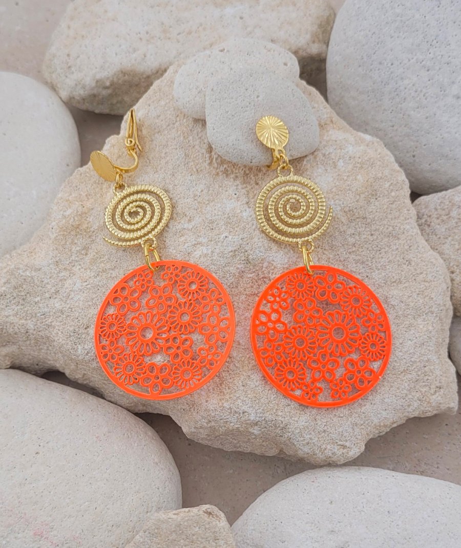 Boucles oreilles clip orange fluo été