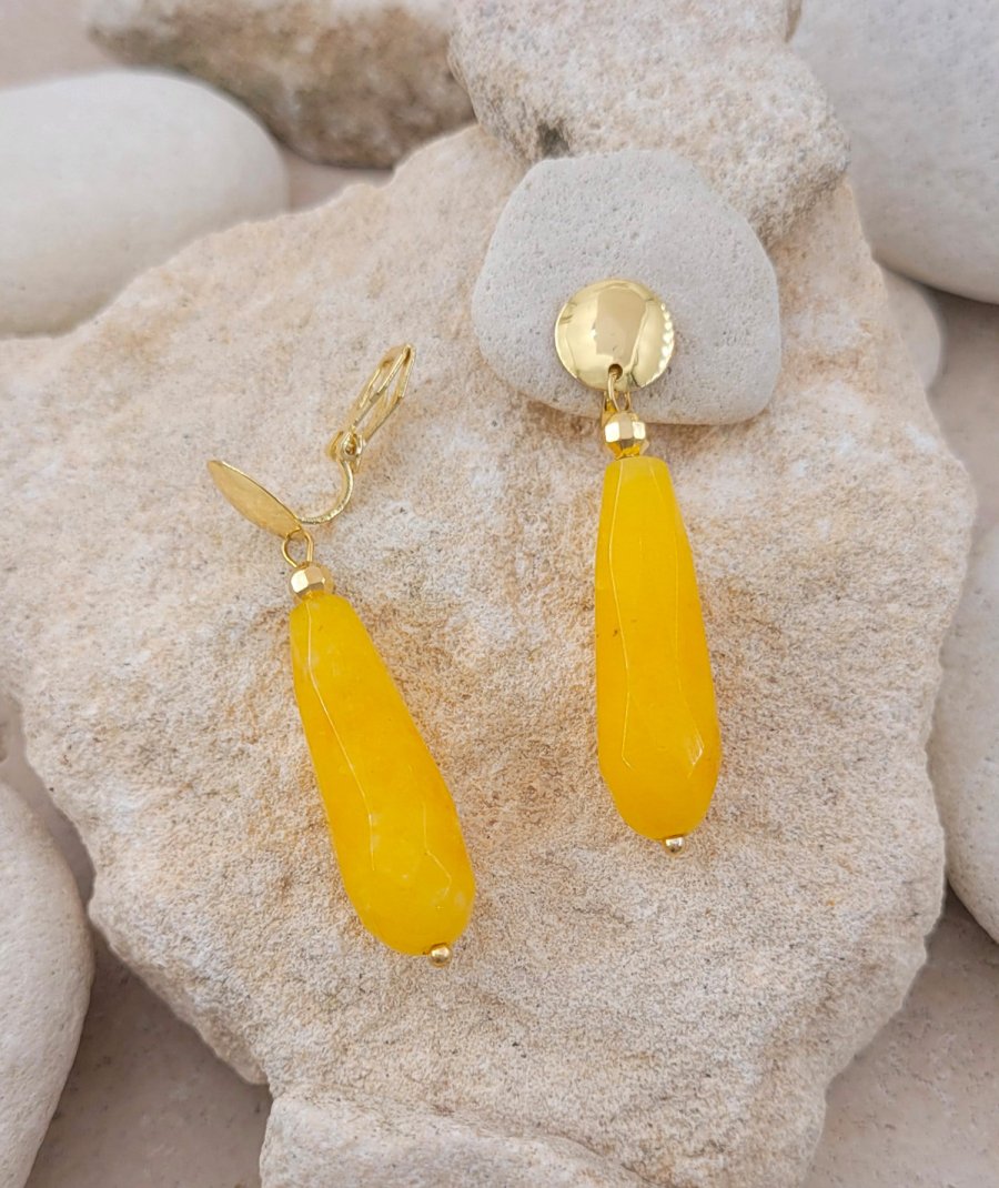 Boucles oreilles clip jade jaune or