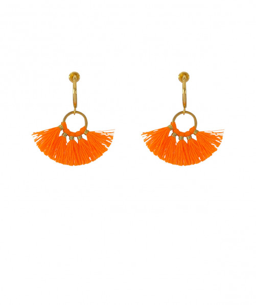 Boucles oreilles clip pompons orange fluo
