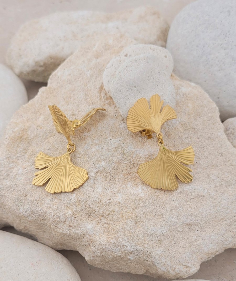 Boucles d'oreilles clip acier doré gingko