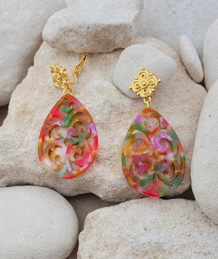 Boucles d'oreilles à clip résine multicolore (non percées)